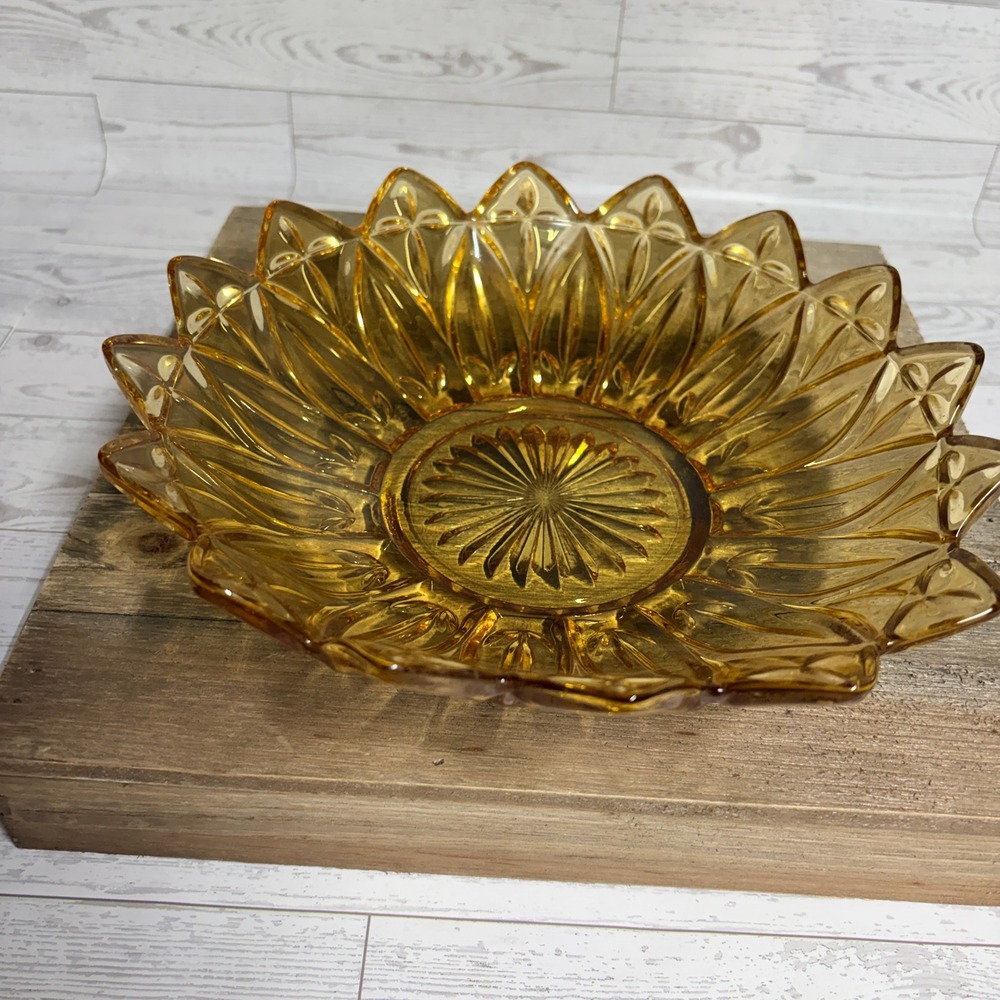 Vintage Federal Glass Amber Petal Sunflower Bowl Mid Century Pressed Glass 10.5"